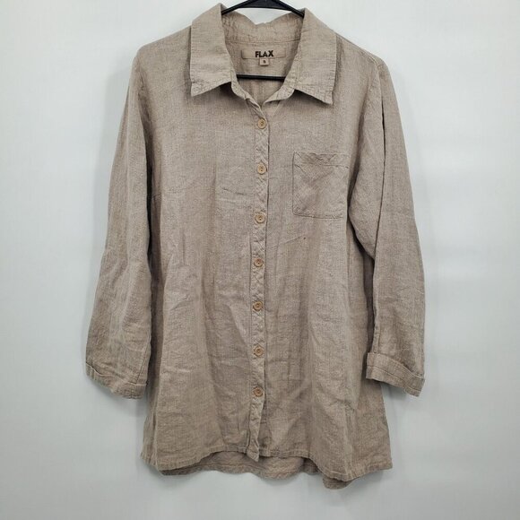 FLAX Brown Button Down Blouse Tunic Women Size Small 100% Linen Collared Long - Picture 1 of 12